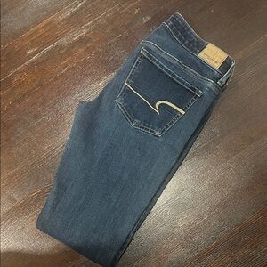 American Eagle Outfitters Women's Skinny Dark Blue Jeans with Tan Stitching